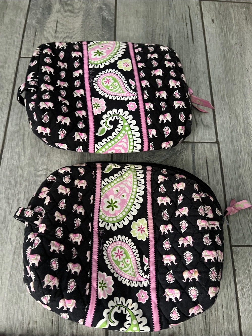 Vera Bradley Black Quilted Cosmetic Pouches with Pink & Green Paisley